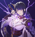  1girl absurdres arm_up armor between_breasts braid breasts bridal_gauntlets cleavage clothing_cutout collarbone commentary_request drawing_sword electricity fuqingzhou genshin_impact glowing glowing_sword glowing_weapon hair_ornament head_tilt highres holding holding_sword holding_weapon human_scabbard japanese_clothes katana kimono looking_at_viewer mitsudomoe_(shape) mole mole_under_eye multicolored_hair musou_isshin_(genshin_impact) neck_ribbon open_mouth portal_(object) purple_background purple_eyes purple_hair purple_kimono purple_nails raiden_shogun red_ribbon red_sash ribbon sash shade shoulder_armor shoulder_cutout simple_background solo streaked_hair sword sword_between_breasts tomoe_(symbol) upper_body very_long_braid weapon weapon_between_breasts wide_sleeves 