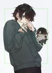  1boy 1girl :| bags_under_eyes bandaid bandaid_on_cheek bandaid_on_face bane_meni0512 black_hair buttons cardigan chibi closed_mouth collared_shirt commentary_request curled_fingers degrees_of_lewdity double_other_genderswap eyes_visible_through_hair from_side genderswap genderswap_(otf) genderswap_(otm) green_cardigan green_eyes hair_ornament hair_over_one_eye hairclip hand_on_own_chest hand_on_own_face hands_up highres holding holding_sketchbook knees_together_feet_apart kylar_(degrees_of_lewdity) kylar_(female)_(degrees_of_lewdity) kylar_(male)_(degrees_of_lewdity) long_hair long_sleeves looking_at_viewer male_focus outline parted_bangs shirt simple_background sitting sketchbook upper_body very_long_hair wavy_hair white_background white_outline white_shirt 