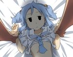  bed_sheet blue_hair collarbone forced hair_cubes hair_ornament imminent_rape jitome lying naganohara_mio necktie nichijou on_back pov school_uniform shadow shirt_lift short_hair short_twintails solo_focus takeya_yuuki tokisadame_school_uniform twintails 