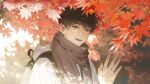  1boy autumn autumn_leaves backpack bag black_hair commentary falling_leaves highres holding holding_leaf leaf leaf_on_head looking_at_viewer male_focus maple_leaf monchya_33 open_mouth original outdoors scarf short_hair smile solo tree untranslatable_commentary upper_body waving 