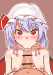  1boy 1girl :>= bar_censor bat_wings blackstick128 blue_hair blush breasts caressing_testicles censored collarbone commentary_request completely_nude erection expressionless fellatio foreskin foreskin_insertion hat hat_ribbon heart highres looking_at_viewer medium_hair mob_cap nipples nude oral outline penis pointless_censoring pov pov_crotch red_eyes red_ribbon remilia_scarlet ribbon simple_background slit_pupils small_breasts sound_effects testicles touhou translation_request veins veiny_penis white_hat white_outline wings 