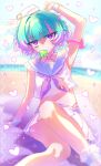  1girl absurdres aqua_hair arm_up bare_shoulders beach blush breasts candy commentary cropped_shirt earrings fate/grand_order fate_(series) food hat hat_feather highres jewelry kibinago_(kibinago614) locusta_(fate) lollipop looking_at_viewer miniskirt mouth_hold multicolored_hair pointy_ears purple_eyes purple_hair purple_sailor_collar sailor_collar shirt short_hair skirt sleeveless sleeveless_shirt small_breasts solo two-tone_hair white_hat white_shirt white_skirt wrist_cuffs 
