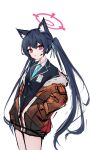  1girl animal_ears black_coat black_hair blue_archive cat_ears closed_mouth coat collared_shirt commentary cowboy_shot hair_ribbon halo hands_in_pockets jacket long_hair long_sleeves looking_at_viewer necktie open_clothes open_jacket orange_jacket pink_halo pupik red_eyes ribbon serika_(blue_archive) shirt solo twintails untranslatable_commentary very_long_hair white_background white_shirt 