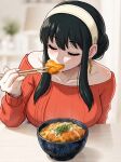  1girl ai-generated black_hair blurry blurry_background blush breasts chopsticks collarbone commentary dangle_earrings depth_of_field eating food headband highres holding holding_chopsticks large_breasts long_hair off-shoulder_sweater off_shoulder one_eye_closed orange_sweater qdoshie solo spy_x_family sweater untranslatable_commentary upper_body white_headband yor_briar 