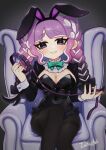  1girl absurdres animal_ear_hairband animal_ears aqua_bow black_bow black_hair black_leotard black_pantyhose black_shrug blue_eyes bow breasts chair cleavage collar colored_fingertips commentary_request covered_navel detached_collar evil_grin evil_smile fake_animal_ears fingernails frilled_leotard frills gradient_hair grey_background grin hair_bow hairband hands_up heart highres holding holding_collar holding_leash large_breasts leash leotard long_fingernails long_hair long_sleeves looking_at_viewer multicolored_hair octoling octoling_girl octoling_player_character on_chair pantyhose parted_lips pink_hair playboy_bunny purple_hair rabbit_ear_hairband rabbit_ears short_eyebrows shrug_(clothing) signature sitting smile solo splatoon_(series) strapless strapless_leotard striped_blush suction_cups sushizanmai0524 teeth tentacle_hair thick_eyebrows white_wrist_cuffs wrist_cuffs 