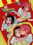  2girls absurdres alien_stage black_hair blush breasts burger commentary crop_top drink flying_sweatdrops food food_in_mouth french_fries glasses hair_ornament hairclip headset highres holding holding_tray lko_k621 microphone mizi_(alien_stage) multiple_girls official_alternate_costume parfait pink_hair puffy_short_sleeves puffy_sleeves purple_eyes red-framed_eyewear shirt short_hair short_sleeves striped_clothes striped_shirt sua_(alien_stage) tray vertical-striped_clothes vertical-striped_shirt very_short_hair white_shirt white_wrist_cuffs wrist_cuffs yellow_eyes yellow_shirt yuri 