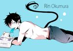  1boy ao_no_exorcist black_hair blue_hair male_focus muscle okumura_rin pointy_ears popsicle solo tail topless 