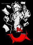  1boy antenna_hair black_background bossman_hero collared_shirt commentary crazyanime3 english_commentary hero_(headspace)_(omori) hero_(omori) highres holding holding_pen limited_palette long_sleeves looking_at_viewer male_focus necktie omori open_mouth paper parody pen persona persona_5 pinstripe_pattern pinstripe_suit sharp_teeth shirt short_hair simple_background solo style_parody suit teeth 