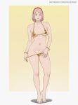  1girl absurdres aged_up asymmetrical_bangs barefoot bikini boruto:_naruto_next_generations boruto_(series) bracelet breasts breasts_apart collarbone commentary english_commentary eyelashes facial_mark feet forehead_mark full_body gold_bikini gold_bracelet green_eyes hairband halterneck haruno_sakura highres jewelry looking_at_viewer medium_breasts medium_hair multiple_bracelets naruto_(series) navel paledisc panty_tug patreon_username pink_hair red_hairband shiny_skin standing swimsuit tiptoes toenails toes underboob 