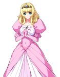  1girl aqua_eyes blonde_hair blue_eyes bow breasts brooch closed_mouth covered_navel crown curly_hair dress elbow_gloves elf game_asset gem gloves gown himekishi_olivia jewelry large_breasts large_variant_set laura_elfinrine long_hair long_pointy_ears looking_at_viewer nakano_sora non-web_source official_art own_hands_clasped own_hands_together pink_dress pink_gloves pointy_ears princess puffy_sleeves self-datamine simple_background solo standing tachi-e tiara transparent_background variant_set 