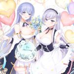  2girls absurdres anniversary apron apron_lift azur_lane balloon bare_shoulders belfast_(azur_lane) blue_flower blue_ribbon bouquet braid breasts broken broken_chain cake chain cleavage clothes_lift coat commentary_request cowboy_shot detached_collar detached_sleeves flower food framed_breasts frilled_apron frilled_gloves frills gem gloves gold_trim hair_between_eyes half_up_braid heart_balloon highres holding holding_bouquet holding_cake holding_food kyouya0514 large_breasts light_smile long_hair long_sleeves looking_at_viewer maid maid_apron maid_headdress making-of_available miniskirt multicolored_coat multiple_girls pink_ribbon pleated_skirt purple_eyes purple_gem purple_hair ribbon rodney_(azur_lane) skirt two-tone_coat very_long_hair white_flower white_skirt zettai_ryouiki 