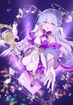  1girl aqua_eyes bare_shoulders beads bow bowtie chinese_commentary collar commentary_request dangle_earrings dated detached_collar detached_sleeves dress earrings eyelashes feathered_wings frilled_gloves frilled_sleeves frills from_above full_body gloves hair_between_eyes halo head_wings high_heels highres holding holding_microphone_stand honkai:_star_rail honkai_(series) jewelry light_particles long_hair loose_hair_strand medium_dress microphone_stand musical_note musical_staff open_mouth outstretched_hand pantyhose purple_background purple_bow purple_bowtie purple_collar purple_dress purple_hair purple_shoes purple_sleeves robin_(honkai:_star_rail) shoes short_sleeves signature singing single_earring solo sparkle sphere_earrings stage_lights standing star_(symbol) star_earrings strapless strapless_dress striped_clothes striped_dress two-tone_dress vertical-striped_clothes vertical-striped_dress very_long_hair wavy_hair white_dress white_gloves white_pantyhose white_wings wings yellow_halo zhixu_(8331862402) 