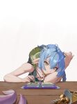  2girls absurdres animal_ears bare_shoulders blue_hair blue_horns book choker closed_mouth collarbone commentary_request crossed_bangs elbow_rest goat_ears goat_girl goat_horns green_eyes hair_between_eyes highres holding holding_pen hood horns key key_choker long_hair looking_at_viewer lucia_elowen multiple_girls open_book pen pointy_ears simple_background smile solo_focus staff tentacle_girl tentacles user_yfdu3248 white_background yidhari_murphy zenless_zone_zero 