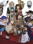  6+boys absurdres antenna_hair archer_(fate) archer_(honkai:_star_rail)_(fate) armor ashveil_(honkai:_star_rail) aventurine_(honkai:_star_rail) beer_mug black_hair blonde_hair blue_hair boothill_(honkai:_star_rail) bracelet chimera_(honkai:_star_rail) chopsticks clothing_cutout commentary_request cowboy_hat crossed_arms cu_chulainn_(fate) cu_chulainn_(honkai:_star_rail)_(fate) cu_chulainn_(lancer)_(fate) cup dark_skin dr._ratio_(honkai:_star_rail) earrings fedora food fur_trim gilgamesh_(fate) gilgamesh_(honkai:_star_rail)_(fate) gloves gradient_hair grey_hair hair_ornament hat highres holding holding_chopsticks honkai:_star_rail honkai_(series) jacket jewelry looking_at_another looking_at_viewer male_focus mug multicolored_hair multiple_boys obibi1105 phainon_(honkai:_star_rail) plate short_hair shoulder_armor shrug_(clothing) sitting smile streaked_hair watermark white_hair 