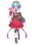  1girl absurdres aqua_hair ascot asymmetrical_legwear bare_shoulders belt beret black_boots blush boots braid breasts character_doll closed_eyes commentary_request doll dress earrings fate/grand_order fate_(series) full_body fur_collar fur_trim hair_intakes hat hat_feather highres jewelry kibinago_(kibinago614) locusta_(fate) long_sleeves low_twin_braids multicolored_hair mushroom nero_claudius_(fate) nero_claudius_(fate/extra) off_shoulder open_mouth purple_hair queen_draco_(fate) queen_draco_(third_ascension)_(fate) red_dress red_hat sharp_teeth short_hair small_breasts smile solo teeth twin_braids two-tone_hair 