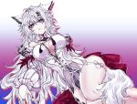  1girl absurdres animal_ears arknights bare_shoulders blue_background breasts cleavage commentary cosplay detached_sleeves dress drop_shadow english_commentary gradient_background grey_eyes hair_between_eyes hair_ornament hairclip highres lappland_(arknights) long_hair long_sleeves material_growth multiple_hairclips oripathy_lesion_(arknights) parallel_hairclips parted_lips pink_background remielle_dan remielle_dan_(cosplay) scar scar_on_face signature solo starilights tail white_background white_dress white_hair white_sleeves white_tail wolf_ears wolf_girl wolf_tail 
