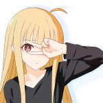  1girl absurdres ahoge anime_coloring aqua_pupils arm_up black_shirt blonde_hair blunt_bangs bright_pupils cho_kaguya-hime! closed_mouth collarbone commentary_request commission dot_nose drop_shadow expressionless eyeliner fingernails hand_over_eye highres kaguya_(cho_kaguya-hime!) lipstick long_hair long_sidelocks long_sleeves looking_at_viewer makeup nail_polish official_style one_eye_covered pink_lips pink_nails portrait red_eyeliner red_eyes shirt sidelocks simple_background skeb_commission solo split_mouth straight_hair sumeguman textless_version v v-neck v_over_eye white_background 