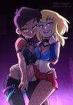  2girls arm_around_another's_waist asymmetrical_docking blonde_hair blue_eyes breast_press breasts brown_eyes crop_top dc_comics fishnet_pantyhose fishnet_top fishnets highres lois_lane looking_at_viewer lowleg lowleg_pants microskirt multiple_girls my_adventures_with_superman panties pants panty_straps pantyhose seductive_smile skirt smile supergirl supergirl_(my_adventures_with_superman) superman_(series) teeth the_other_half thong thong_panties underwear upper_teeth_only 