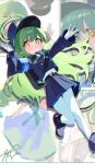  1girl absurdres armband backpack bag black_tail blue_archive blue_armband commentary dan_nako demon_tail gloves green_hair green_halo halo hat highres hikari_(blue_archive) long_hair long_sleeves looking_at_viewer pantyhose peaked_cap pointy_ears reaching serious solo tail train_conductor white_gloves white_pantyhose yellow_eyes 