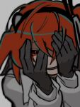  1girl a.i._voice adachi_rei blurry blurry_edges commentary_request gloves hands_on_own_face headlamp headset highres jacket kinokinoland one_eye_covered orange_eyes orange_hair portrait radio_antenna shaded_face smile sparkling_eyes utau white_jacket 