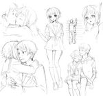  1girl book casual glasses greyscale height_difference hetero hood hoodie hug kiss kita_high_school_uniform kyon monochrome nagato_yuki school_uniform serafuku shelf short_hair sketch sleeping sleeve_tug suzumiya_haruhi_no_shoushitsu suzumiya_haruhi_no_yuuutsu tsukimi12 