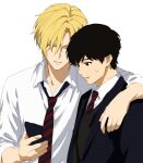  2boys arms_on_another's_shoulder ash_lynx banana_fish black_eyes black_hair blazer blonde_hair cellphone commentary diagonal-striped_clothes diagonal-striped_necktie dress_shirt green_eyes highres holding holding_phone jacket lemilisi looking_at_phone male_focus multiple_boys necktie okumura_eiji open_mouth phone shirt short_hair simple_background smartphone striped_clothes striped_necktie sweater_vest upper_body white_background white_shirt 