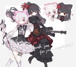  2girls absurdres animal_ears black_dress black_hair black_hat black_shoes cat_ears commentary commission cowboy_shot cross-laced_clothes cross-laced_dress dog_ears dress flower flower-trimmed_dress flower-trimmed_skirt frilled_dress frilled_socks frills gradient_hair guitar hair_flower hair_ornament hat hat_flower highres holding holding_guitar holding_instrument holding_microphone_stand instrument juliet_sleeves karaoke_manekineko kemonomimi_mode layered_dress long_hair long_sleeves looking_at_viewer mahou_shoujo_no_majo_saiban microphone_stand multicolored_hair multiple_girls nikaido_hiro o-ring o-ring_thigh_strap official_alternate_costume one_eye_closed pink_eyes pink_hair plaid_clothes plaid_dress puffy_sleeves red_eyes red_flower sakuraba_ema shoes short_hair simple_background socks thigh_strap untranslatable_commentary white_background white_hair white_socks wusem0108 x_hair_ornament yuri 