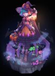  1girl absurdres alternate_costume blue_hair blunt_bangs boots breasts clothing_cutout commentary_request dress fate/grand_order fate_(series) frilled_dress frills gloves halloween_bucket hat hat_ornament highres holding holding_halloween_bucket holding_lantern kibinago_(kibinago614) lantern locusta_(fate) looking_at_viewer midriff multicolored_hair mushroom open_mouth partially_fingerless_gloves purple_eyes purple_hair purple_hat sharp_teeth short_hair small_breasts smile smoke solo stomach_cutout teeth two-tone_hair underboob witch_hat 