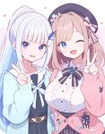  2girls belt beret black_bow black_bowtie black_hat black_serafuku black_skirt blue_cardigan blue_gem blue_hair blue_ribbon blush bow bowtie braid breasts brown_belt brown_hair cardigan center_frills club_(shape) collarbone collared_shirt commentary_request diagonal-striped_bow diamond_(shape) eyelashes fingernails frilled_shirt frills gem gmkz_kawaii gradient_hair green_bow green_eyes green_nails hair_intakes hair_ornament hairclip hat hat_bow hat_pin heart heart_pin high-waist_skirt high_ponytail highres large_breasts lize_helesta lize_helesta_(school_uniform) long_hair long_sleeves looking_at_viewer medium_hair multicolored_hair multiple_girls nail_polish nijisanji one_eye_closed open_mouth pink_bow pink_bowtie pink_cardigan pink_eyes ponytail rabbit_ornament ribbon sailor_collar school_uniform serafuku shirt skirt sleeves_past_wrists smile spade_(shape) streaked_hair striped_bow striped_bowtie striped_clothes striped_skirt suzuhara_lulu suzuhara_lulu_(1st_costume) two-tone_background two-tone_bow two-tone_bowtie two-tone_hair v vertical-striped_clothes vertical-striped_skirt virtual_youtuber white_background white_bow white_hair white_sailor_collar white_shirt 