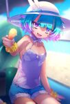  1girl aqua_hair bare_shoulders beach beach_umbrella blue_shorts breasts camisole commentary_request cutoffs denim denim_shorts fate/grand_order fate_(series) floral_print food hat hat_feather highres kibinago_(kibinago614) locusta_(fate) locusta_(over_the_same_sky)_(fate) looking_at_viewer multicolored_hair open_mouth outstretched_arm pointy_ears popsicle purple_camisole purple_eyes purple_hair sharp_teeth short_hair short_shorts shorts small_breasts smile solo sun_hat teeth two-tone_hair umbrella white_hat wrist_cuffs 