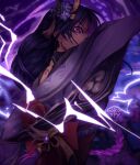  1girl angry arm_up artist_name back_bow back_tattoo bakaspy blunt_bangs blurry blurry_background bow braid bridal_gauntlets commentary electricity genshin_impact glaring glowing gradient_hair hair_ornament japanese_clothes kimono long_sleeves looking_at_viewer mitsudomoe_(shape) multicolored_hair off_shoulder purple_background purple_eyes purple_hair purple_kimono raiden_shogun single_braid solo streaked_hair tattoo tomoe_(symbol) upper_body wide_sleeves 
