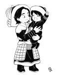  2boys :d absurdres arm_wrap batu_(tenmaku_no_jaadugar) black_hair black_robe black_shoes carrying carrying_person child chinese_commentary clenched_hand closed_eyes commentary_request erable father_and_child father_and_son full_body fur-trimmed_headwear fur_trim greyscale hat_feather highres jochi_(tenmaku_no_jaadugar) lamellar_armor mongolian_clothes monochrome multiple_boys open_mouth parent_and_child raised_fist robe shoes short_hair smile tenmaku_no_jaadugar 