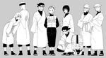  back flak_jacket haruno_sakura i_(kaiyou) leaning_forward monochrome naruto pig shizune_(naruto) smile squatting standing tonton tonton_(naruto) vest 