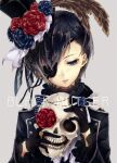 1boy bishounen black_gloves black_hair ciel_phantomhive commentary_request copyright_name earrings eyelashes eyepatch flower frilled_shirt_collar frills fujikiri_yana gloves hat hat_feather hat_flower holding holding_skull jacket jewelry kuroshitsuji long_sleeves male_focus ouji_fashion parted_lips short_hair skull solo top_hat upper_body 