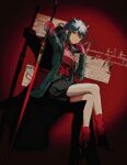  1girl animal_ears arknights belt black_hair black_jacket black_shorts breasts closed_mouth collared_shirt commentary crossed_legs elimischa full_body gloves green_necktie holding holding_sword holding_weapon jacket long_hair long_sleeves looking_at_viewer medium_breasts necktie newspaper official_alternate_costume open_clothes open_jacket red_background red_eyes red_gloves red_shirt red_socks shadow shirt shorts sidelocks sitting socks solo striped_clothes striped_shorts sword texas_(arknights) texas_(willpower)_(arknights) vertical-striped_clothes vertical-striped_shorts weapon wolf_ears wolf_girl 