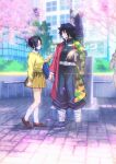  1boy 1girl ? bag belt black_hair black_jacket black_pants blue_bag blue_eyes breasts brown_shoes brown_skirt butterfly_hair_ornament buttons cherry_blossoms collared_shirt commentary_request demon_slayer_uniform falling_petals full_body hachiko_(dog) hair_ornament haori highres jacket japanese_clothes katana kimetsu_gakuen kimetsu_no_yaiba kochou_shinobu loafers long_hair looking_at_another low_ponytail medium_breasts medium_hair necktie niku_(ni23ku) outdoors pants parted_bangs petals pink_petals pleated_skirt pointing pointing_at_another ponytail print_haori purple_eyes real_world_location sandals school_uniform shibuya_(tokyo) shirt shirt_under_sweater shoes shoulder_bag sidelocks skirt socks statue sweater sword tabi tokyo_(city) tomioka_giyuu twitter_username updo weapon weibo_username white_belt white_shirt white_socks yellow_necktie yellow_sweater 