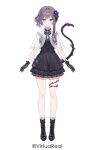  1girl black_dress black_gloves black_shoes blue_eyes brown_hair closed_mouth copyright_name copyright_notice dress flower full_body gloves hair_bun hair_flower hair_ornament looking_at_viewer nijisanji official_art purple_flower shoes side_up_bun simple_background single_side_bun single_sidelock smile solo standing sumire_(virtuareal) tail virtual_youtuber virtuareal white_background 