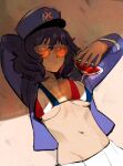  1girl absurdres andou_(girls_und_panzer) arm_behind_head bc_freedom_(emblem) bc_freedom_military_uniform bikini black_hair blue_jacket breasts cleavage commentary_request copyright_request cup dark-skinned_female dark_skin drink emblem fingernails flag_print flag_print_bikini french_flag_bikini frown girls_und_panzer glasses hat highres holding holding_cup jacket nail_polish navel nose orange-tinted_eyewear paco_(8pesitos) print_bikini sand skirt solo sunglasses sunlight swimsuit tan teeth tinted_eyewear underboob white_skirt wolf_cut 