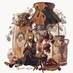  1girl artist_name black_robe blonde_hair blush_stickers brown_shoes cake collared_shirt commentary_request cup eating food fruit glass_bottle hair_between_eyes hairband highres holding holding_food instagram_username jimini_shijimi knee_up lemon_irvine long_hair long_sleeves mashle milk_churn necktie on_floor oversized_food oversized_object red_necktie robe shirt shoes sidelocks simple_background sitting skeb_username solo strawberry strawberry_cake strawberry_milk twitter_username white_background wide_sleeves yellow_eyes 