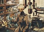  1boy ahoge artist_name black_eyes black_necktie book book_stack closed_mouth coat collared_shirt commentary_request crossed_bangs crystal dark-skinned_male dark_skin dress_shirt flask hair_between_eyes holding indoors ink inkwell instagram_username jimini_shijimi laboratory leaning_on_table long_sleeves male_focus necktie original round-bottom_flask shelf shirt short_hair skeb_username smoking smoking_pipe smoking_pipe_in_mouth solo twitter_username white-haired_man_(jimini_shijimi) white_hair white_shirt 