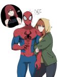  1boy 2girls absurdres annoyed arm_hug black_shirt blue_eyes breasts clinging commentary cowboy_shot english_commentary english_text freckles frown green_eyes green_jacket highres hood hoodie jacket jealous jean_grey marvel mary_jane_watson masoq medium_breasts meme multiple_girls nervous_sweating nikki_frowning_(meme) orange_hair red_hair shirt shoes sleeveless speech_bubble spider-man spider-man:_brand_new_day spider-man_(original_suit) spider-man_(series) sweat toned toned_male turtleneck x-men yellow_hoodie 