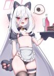  1girl alt_text alternate_costume animal_ear_hairband animal_ears animal_hands apron arm_at_side bell bikini bingmwahbiing black_bikini black_bow black_hairband black_shrug black_thighhighs blue_archive blush bow breasts cake cake_slice cat_ear_hairband cat_ears champagne_flute collar commentary_request cowboy_shot cup double-parted_bangs drinking_glass embarrassed fake_animal_ears food frilled_apron frills gloves grey_hair hair_between_eyes hair_bow hairband halo hand_up holding holding_tray jingle_bell kei_(blue_archive) kei_(student)_(blue_archive) korean_commentary long_bangs long_hair looking_at_viewer maid mixed-language_commentary navel neck_bell open_mouth paw_gloves pink_eyes pink_halo pink_pupils rectangular_halo red_collar short_sleeves shrug_(clothing) simple_background skindentation small_breasts solo speech_bubble spoken_squiggle squiggle standing stomach straight_hair string_bikini swimsuit thigh_strap thighhighs tray triangle_bikini_top unconventional_maid very_long_hair waist_apron white_apron white_background 