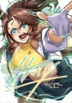  1girl animal_ears belt blue_eyes breasts brown_hair comiket_108 commentary_request cover cover_page cowboy_shot crop_top cropped_jacket doujin_cover ear_ornament fingerless_gloves foreshortening fur-trimmed_jacket fur_trim gloves green_skirt hair_between_eyes highres horse_ears horse_girl horse_tail jacket jewelry large_breasts long_hair looking_at_viewer luna_(gkluna_mas) mejiro_palmer_(line_breakthrough)_(umamusume) mejiro_palmer_(umamusume) midriff multicolored_hair navel necklace open_mouth outstretched_arm pink_belt pleated_skirt ponytail reaching reaching_towards_viewer shirt shouting single_glove skirt solo streaked_hair tail three-quarter_sleeves title umamusume white_gloves white_hair white_jacket yellow_shirt 