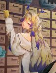  1girl arknights arm_up bare_shoulders blonde_hair colored_extremities commentary dragon_girl dragon_horns drawer grey_eyes grey_hair hair_intakes highres horns jacket jewelry long_sleeves looking_at_viewer mugo multicolored_hair necklace open_mouth purple_hair shu_(arknights) solo turning_head white_jacket 