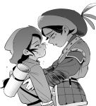  2boys arm_wrap armor bags_under_eyes belt black_hair braid closed_eyes commentary_request fur-trimmed_headwear fur_trim greyscale hands_on_another's_chest hat hat_feather jochi_(tenmaku_no_jaadugar) kultukan_(tenmaku_no_jaadugar) monochrome multiple_boys quiver single_braid tenmaku_no_jaadugar yusburn 