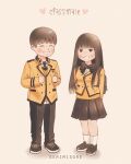  1boy 1girl ^_^ arms_behind_back artist_name backpack bag black_bow black_bowtie black_pants black_skirt blunt_bangs blush bow bowtie chibi closed_eyes commentary dk_(seventeen) full_body gerimisore gfriend heart jacket pants seventeen_(group) short_hair simple_background skirt smile socks thumbs_up white_socks yellow_jacket yuju_(gfriend) 