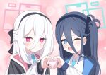  2girls absurdres aris_(blue_archive) black_hairband blue_archive blue_eyes blue_hair blue_halo blue_necktie blush commentary_request double-parted_bangs hair_between_eyes hairband half_updo halo heart heart_hands heart_hands_duo highres jacket kei_(blue_archive) kei_(student)_(blue_archive) long_hair long_hair_between_eyes long_sleeves looking_at_viewer loosely_tucked_bangs miunono0831 multicolored_jacket multiple_girls necktie one_eye_closed one_side_up open_mouth pink_eyes pink_halo rectangular_halo ringed_eyes shirt siblings sisters smile twins two-tone_jacket white_hair white_shirt 