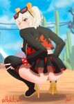  1girl absurdres anus anus_peek artist_name ass black_jacket black_tube_top blonde_hair blush breasts burnice_white commentary crop_top english_commentary hair_between_eyes hehil_art high_heels highres huge_ass jacket looking_at_viewer mature_female open_mouth orange-tinted_eyewear red-tinted_eyewear solo squatting strapless sunglasses thick_thighs thighhighs thighs tinted_eyewear tube_top v zenless_zone_zero 