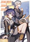 1boy 1girl bangboo_(zenless_zone_zero) belle_(zenless_zone_zero) bike_shorts bike_shorts_under_skirt black_shirt black_shorts black_thighhighs blue_hair blue_jacket breasts brother_and_sister closed_mouth commentary_request copyright_name crossed_bangs earrings eous_(zenless_zone_zero) green_eyes grey_hair hair_between_eyes hana_(nemukunai87) highres jacket jewelry looking_at_viewer medium_breasts shirt short_hair shorts siblings single_thighhigh sitting skirt smile sparkle television thighhighs wise_(zenless_zone_zero) zenless_zone_zero 