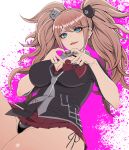  1girl bear_hair_ornament big_hair black_panties black_shirt blonde_hair blood blue_eyes bow breasts choker chokukame cleavage collarbone colored_blood commentary_request danganronpa:_trigger_happy_havoc danganronpa_(series) enoshima_junko four-finger_heart_hands hair_ornament heart heart_hands highres large_breasts long_hair looking_at_viewer miniskirt nail_polish necktie panties pantyshot pink_blood red_bow red_nails red_skirt shirt shirt_bow skirt sleeves_rolled_up smile solo twintails two-tone_necktie underwear white_necktie 